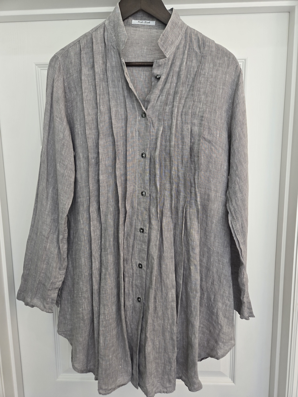 Gray 100% Linen Button Down-Front Shirt Dress Beachy Resort Coastal M High Low